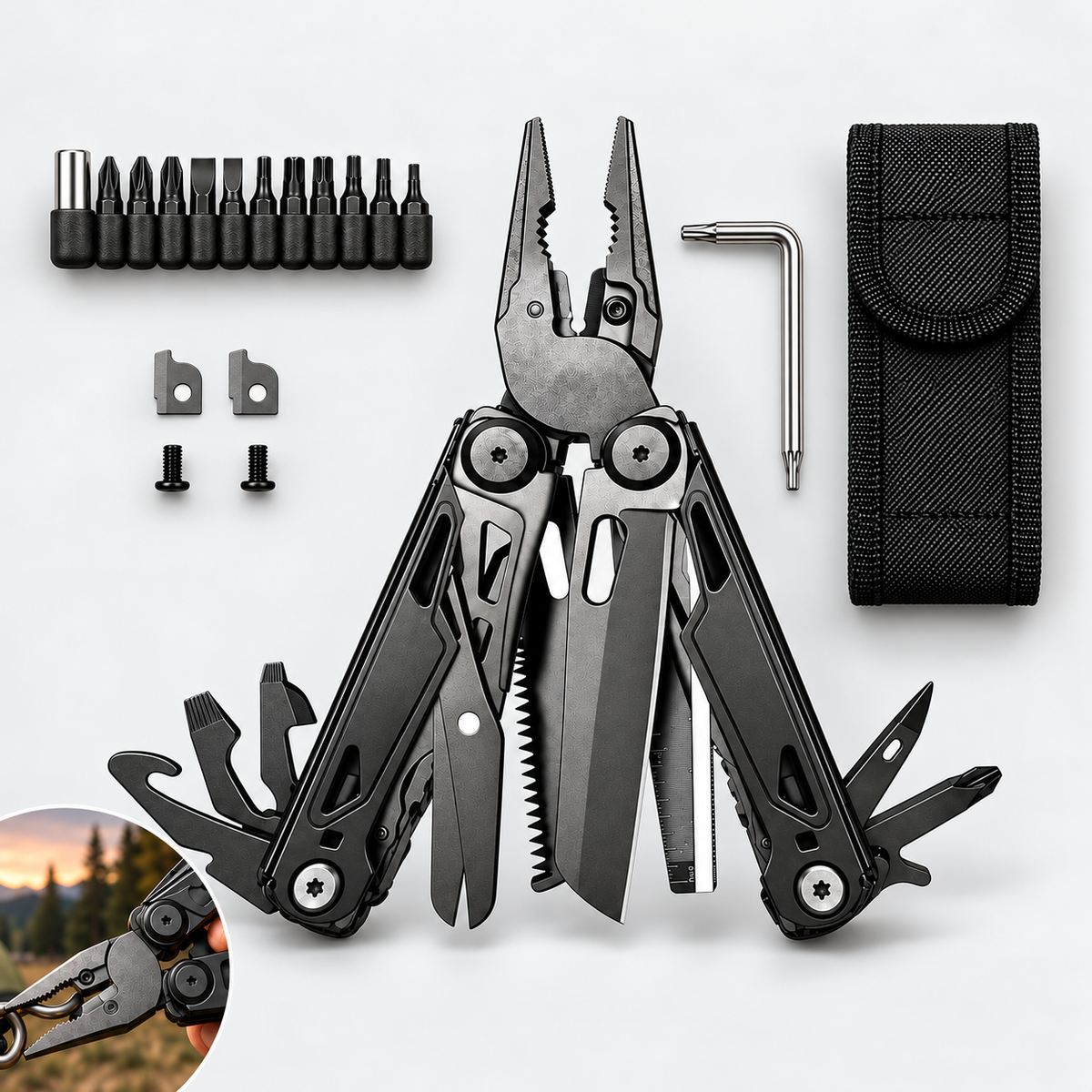 Centered black multitool pliers kit with accessories and cropped lower-left outdoor use inset