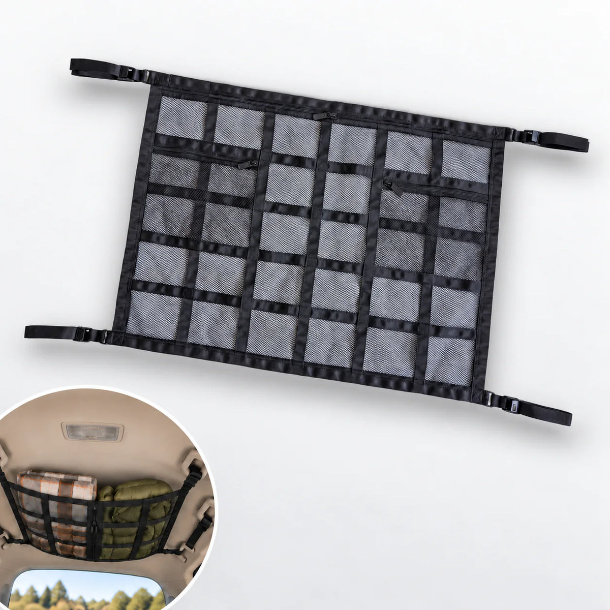 Centered black car ceiling storage net with cropped lower-left installed vehicle inset on a light gray background