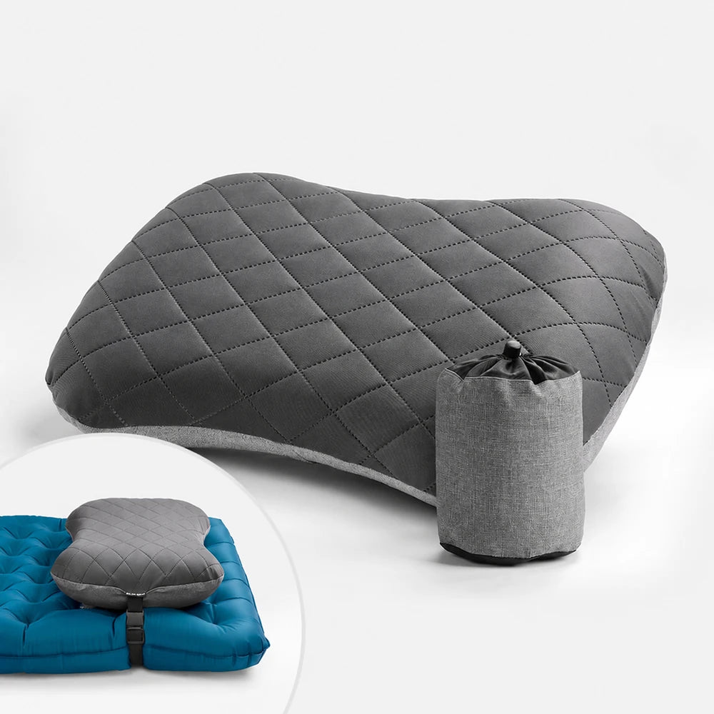 Unbranded grey ultralight inflatable camping pillow with quilted cover and compact storage bag