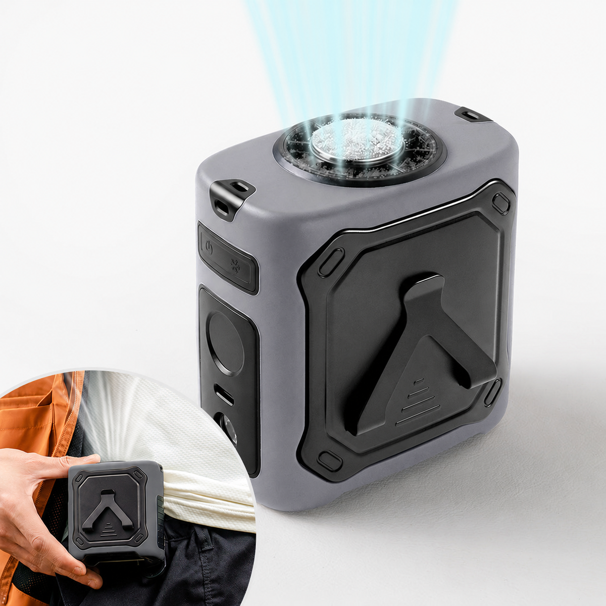 Unbranded portable outdoor cooling fan with wearable clip, cooling plate and LED light