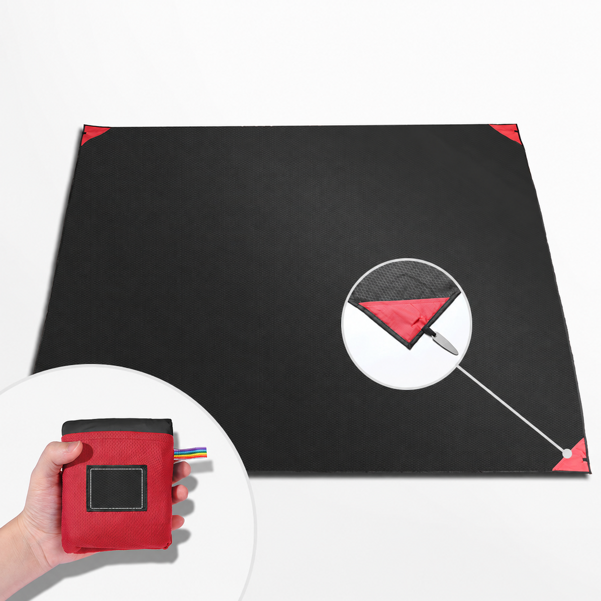 Unbranded black outdoor pocket blanket with red corners, ground stake and compact storage pouch