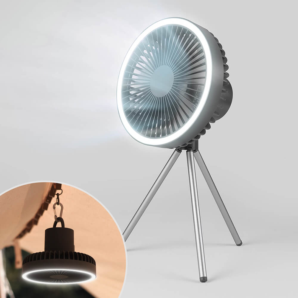 Rechargeable camping fan with circular LED light, tripod stand and hanging hook