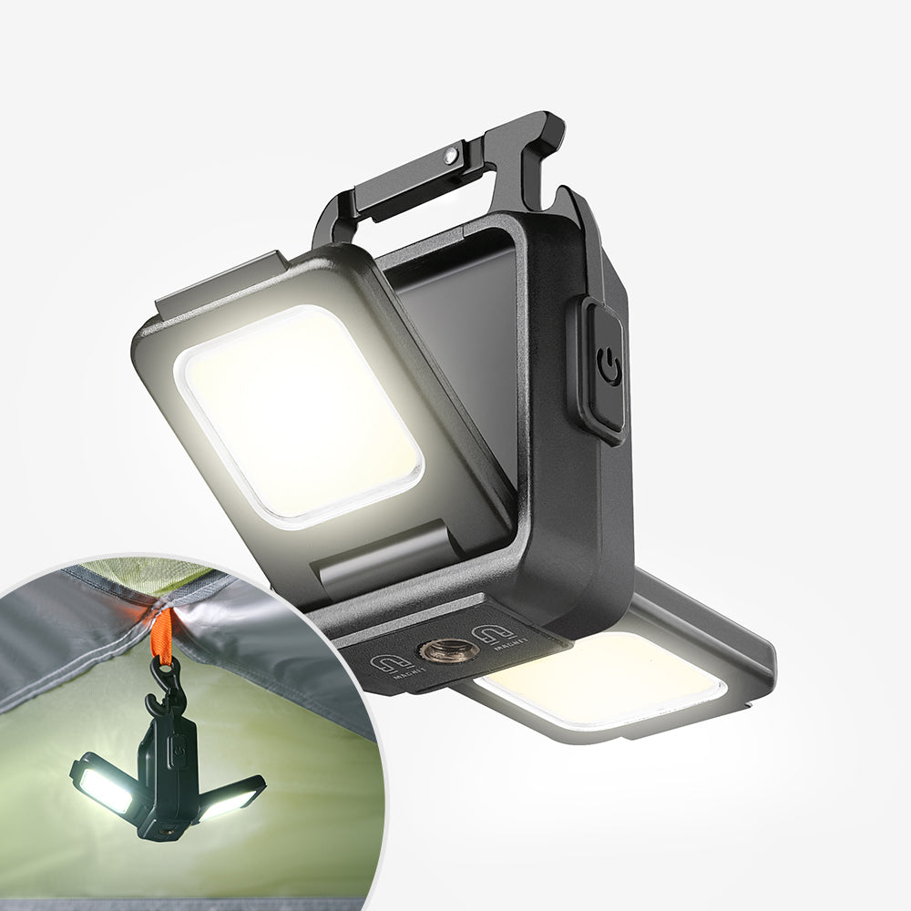 Compact rechargeable pocket camping light with folding LED panels and carabiner