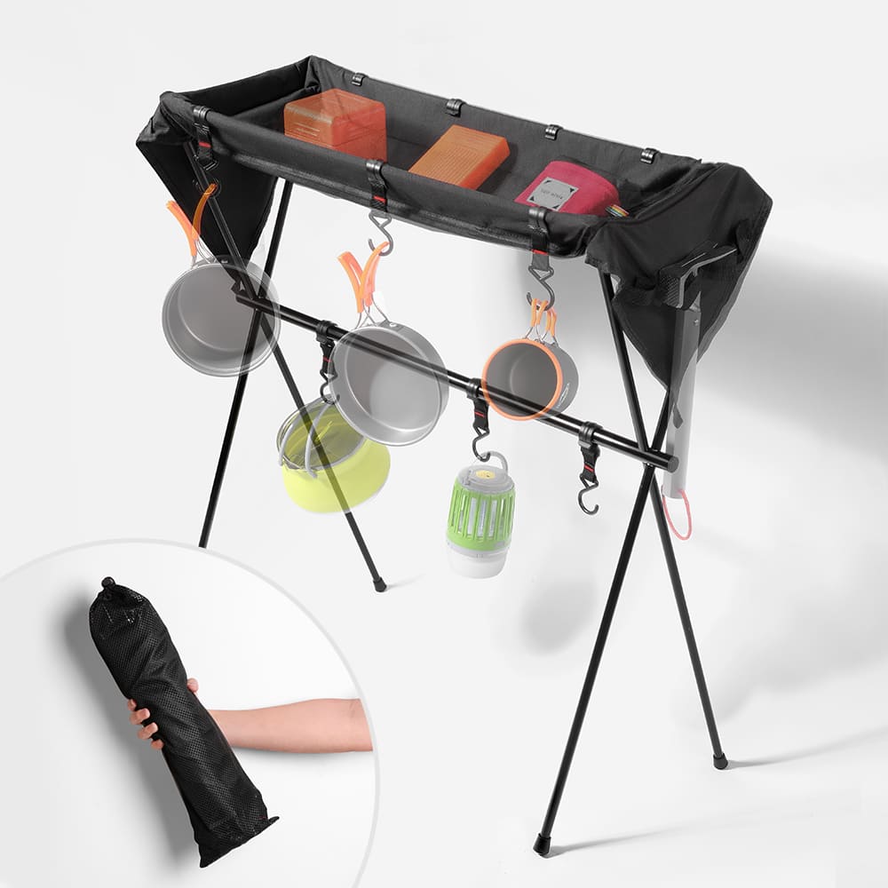 Portable camping hanging rack with upper shelf, cookware hooks and storage bag