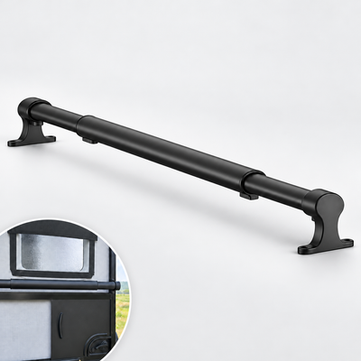 Centered adjustable black RV screen door crossbar with cropped lower-left installed door inset