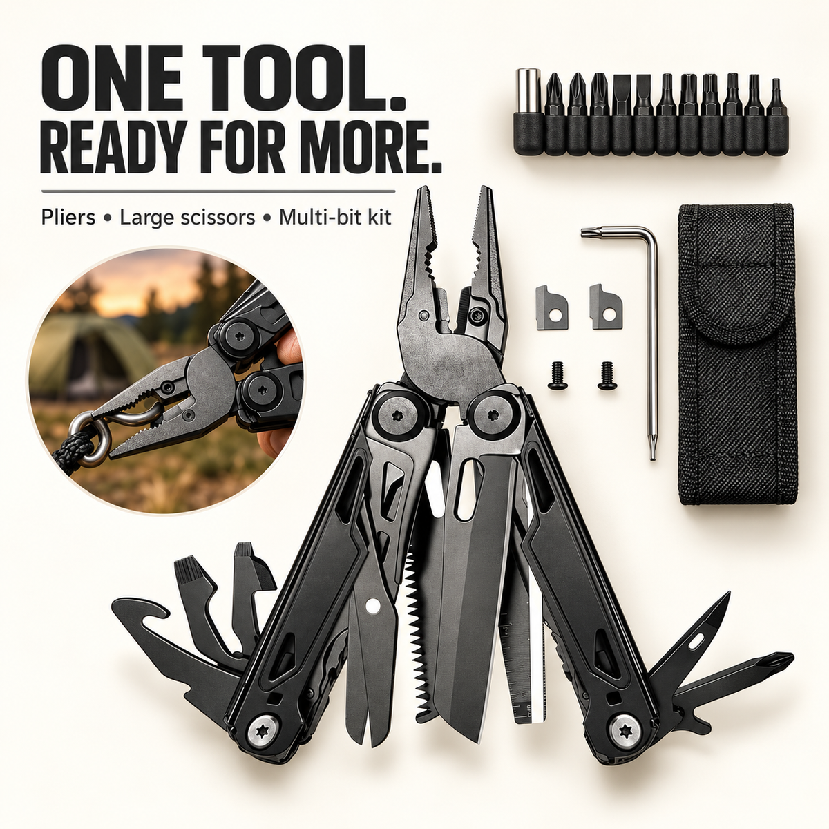 Black multitool pliers kit with large scissors bits pouch and spare cutters