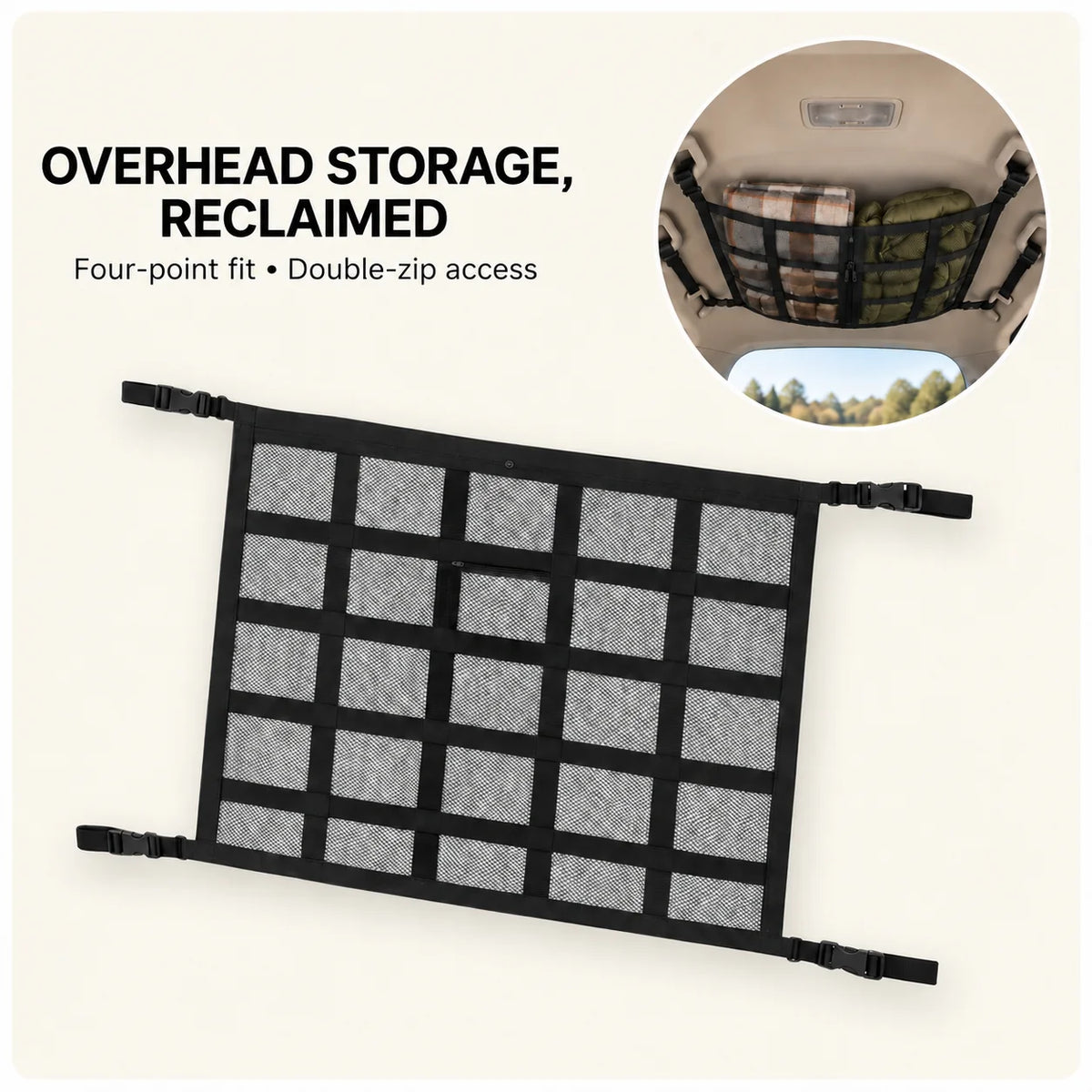 Black car ceiling storage net with four straps looped around factory grab handles