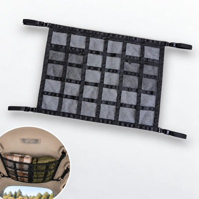 Centered black car ceiling storage net with cropped lower-left installed vehicle inset on a light gray background