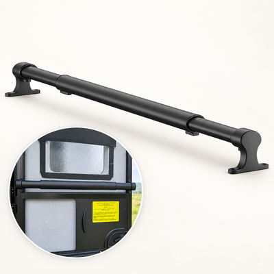 Adjustable black RV screen door crossbar handle with installed view