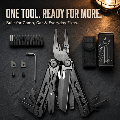 Black folding multitool pliers and accessory kit overview