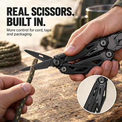 Large folding multitool scissors cutting camping cord