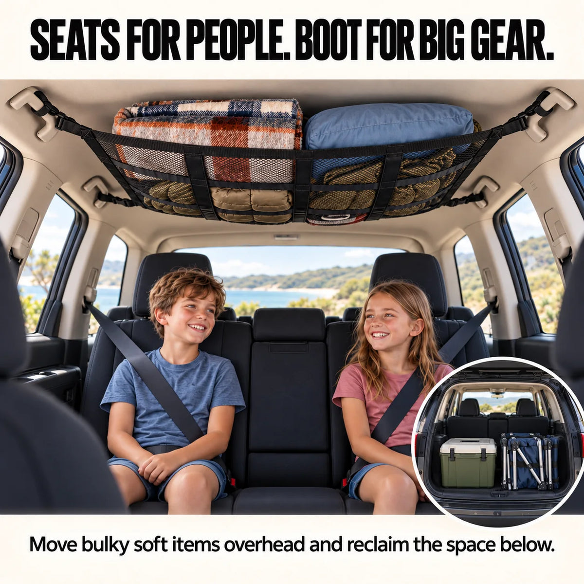 Two children in clear rear seats with soft gear overhead and bulky gear in the boot