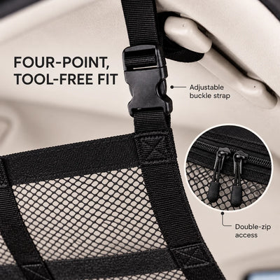 Adjustable buckle strap and double zipper on car ceiling storage net
