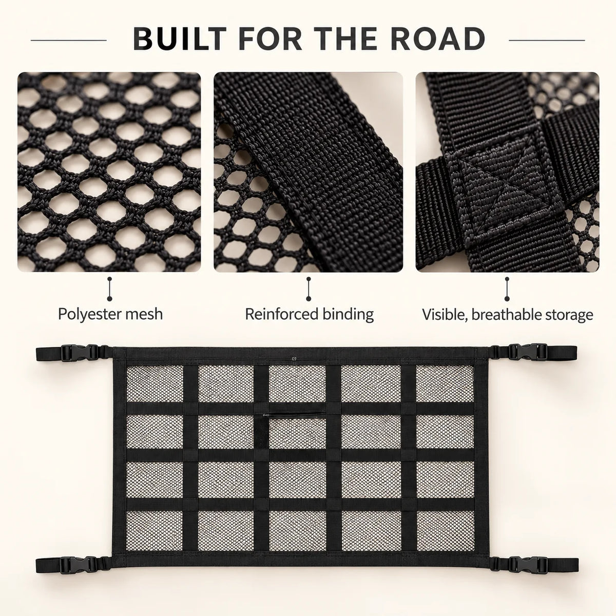 Polyester mesh reinforced binding and stitching detail