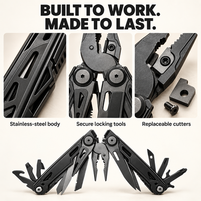 Stainless steel multitool body locking tools and replaceable cutters