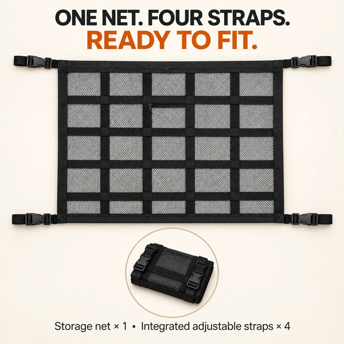 Car ceiling storage net with four integrated adjustable straps