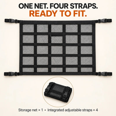 Car ceiling storage net with four integrated adjustable straps