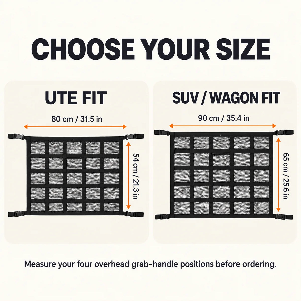 Car ceiling storage net dimensions for ute and SUV wagon sizes