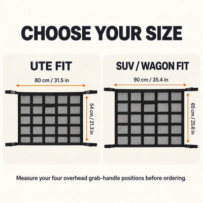 Car ceiling storage net dimensions for ute and SUV wagon sizes