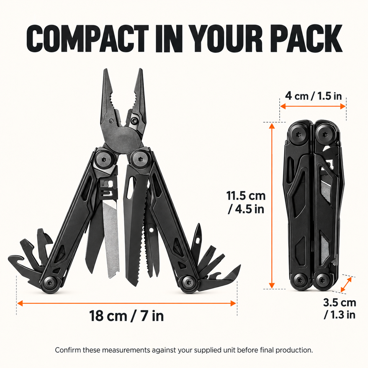 Multitool pliers open and folded dimensions