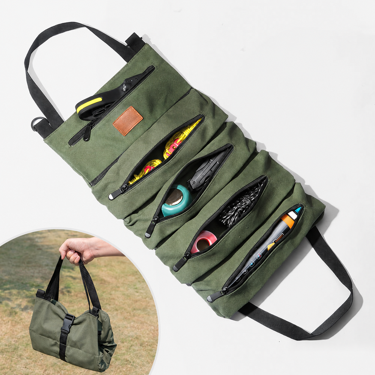 Unbranded green foldable five-compartment tool storage bag with carry handles