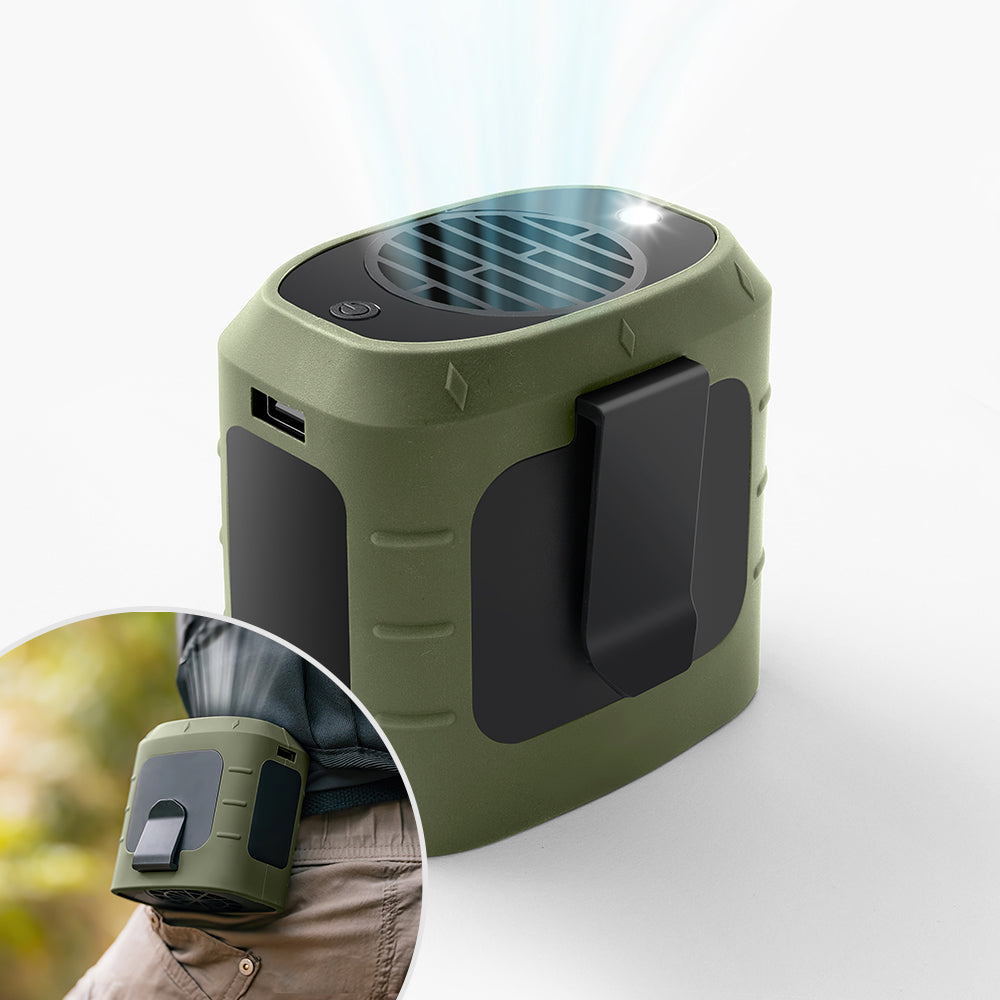 Compact green rechargeable clip-on camping fan with LED light